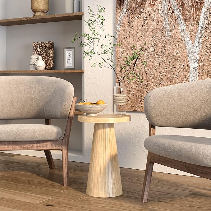 Round Fluted Accent End Table, Drink Small for Living Room, Mid Century Modern Night Stand, Circle Bedside Table, Wood Nightstands for Bedroom (Big Oak)